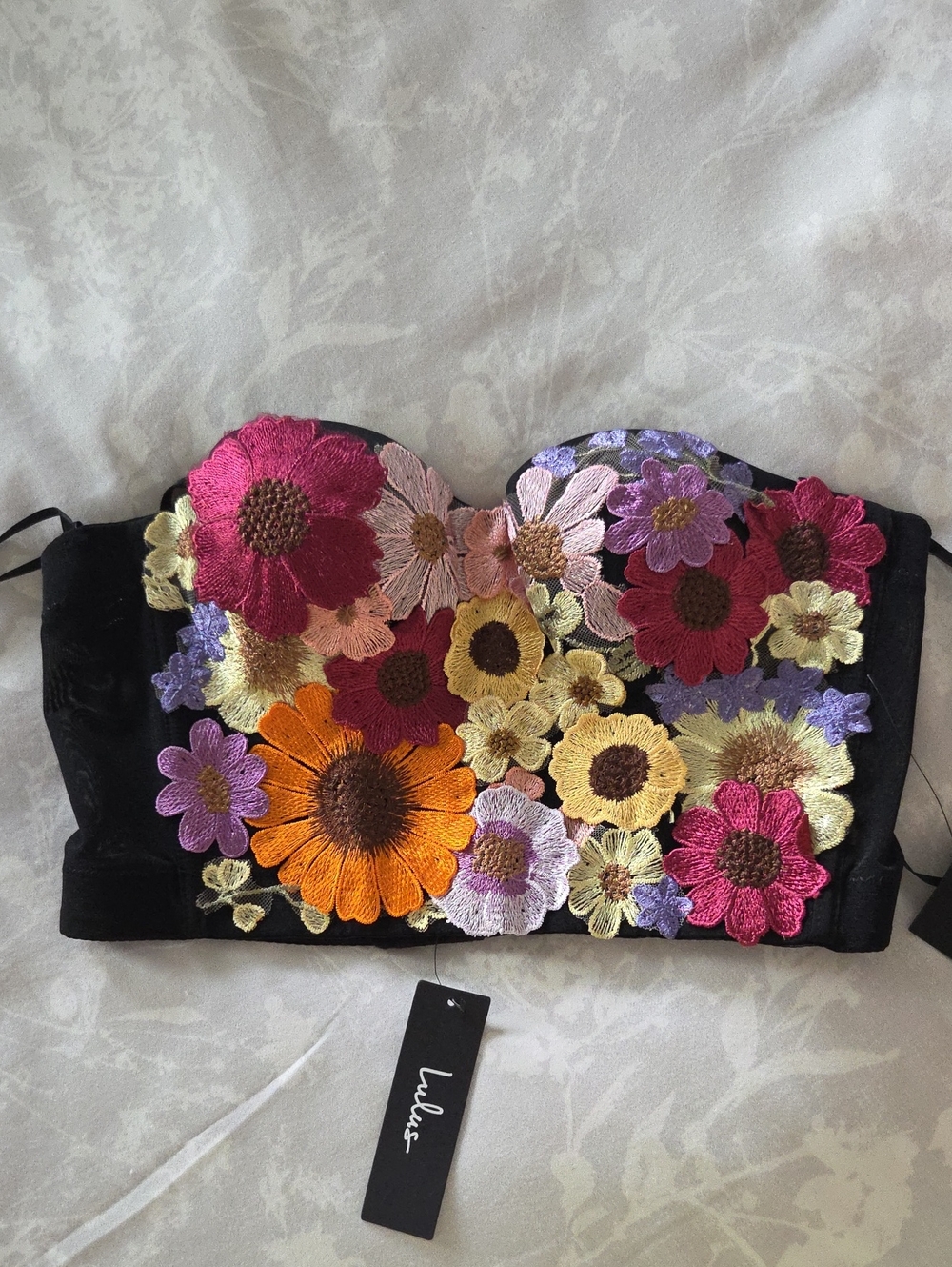NWT Lulus Flirty Icon Black 3D Floral Embroidered Bustier Crop Tank Top XL